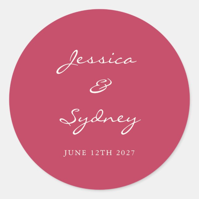 Minimalist Magenta Red Script Wedding Custom Classic Round Sticker (Front)