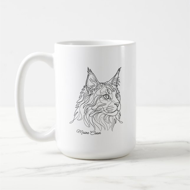 Minimalist Maine Coon Line Drawing Custom Pet Name Coffee Mug (Left)