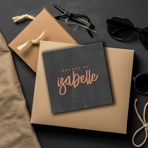 Minimalist Makeup Artist Copper Script Black Square Business Card