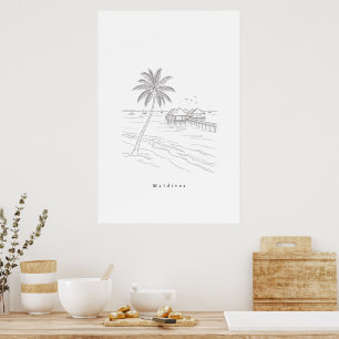 Minimalist Maldives Beach Line Art Travel Poster