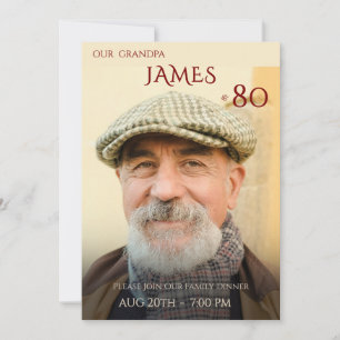Minimalist Male Family Photo 80th Birthday Invitation