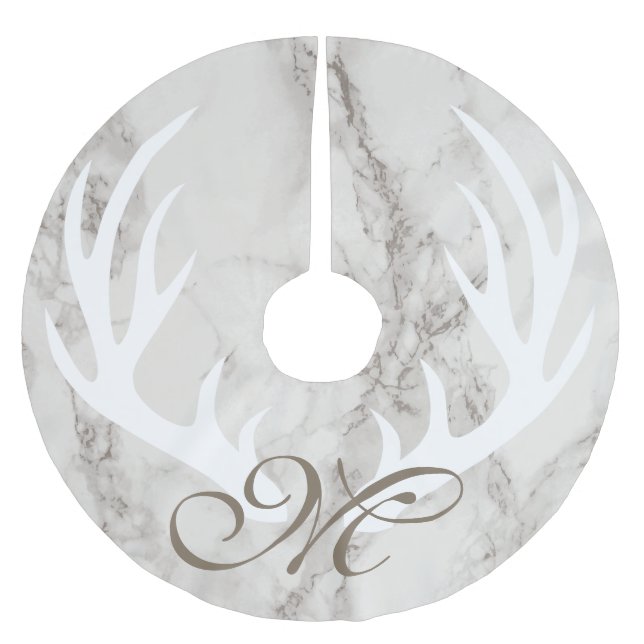 Minimalist Marble Deer Antlers Taupe Monogram Brushed Polyester Tree Skirt (Front)