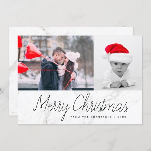 Minimalist Marble Merry Christmas Custom Photo Holiday Card