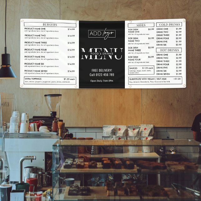 Minimalist Market Pop Up Shop Restaurant Food Menu Banner (Minimalist modern business menu banner sign - great for coffee shops, pop up markets & trade shows)