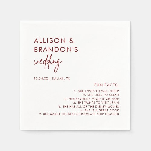 Minimalist Maroon Modern Wedding Fun Facts Napkins