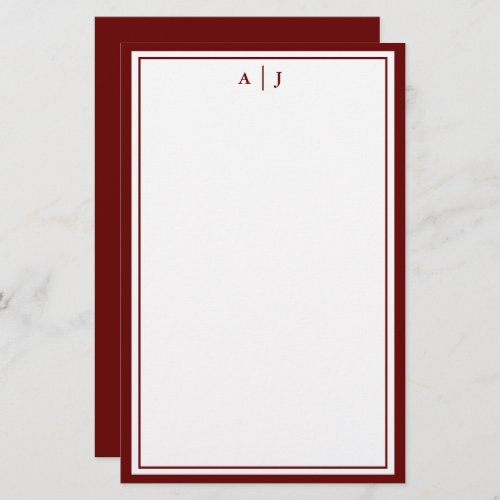 Minimalist Maroon Red Two Border Monogram Stationery