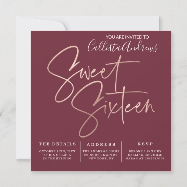 Minimalist Maroon Rose Gold Typography Sweet 16 Invitation (Front)