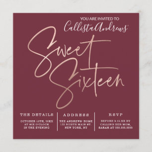 Minimalist Maroon Rose Gold Typography Sweet 16 Invitation
