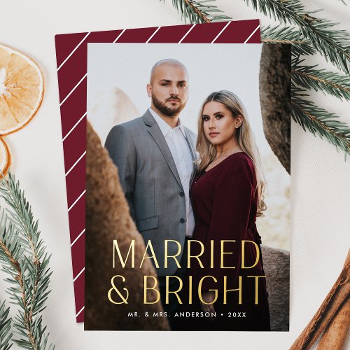 Minimalist Married and Bright Burgundy Photo Foil Holiday Card