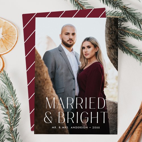 Minimalist Married and Bright Burgundy Photo Holiday Card
