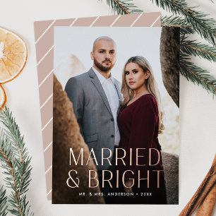 Minimalist Married and Bright Dusty Rose Photo Foil Holiday Card