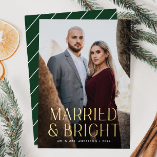 Minimalist Married and Bright Green Photo Foil Holiday Card