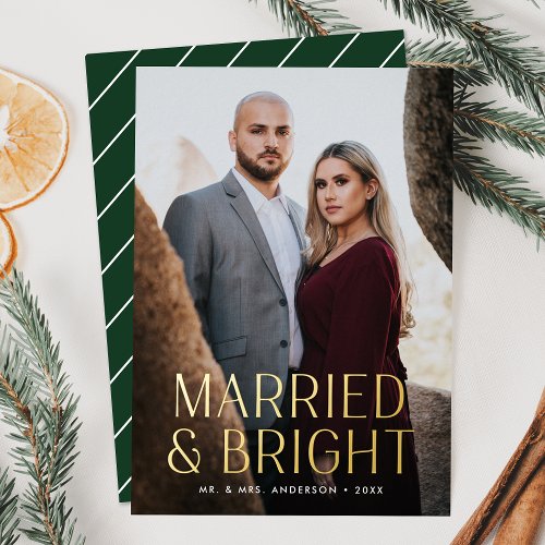 Minimalist Married and Bright Green Photo Foil Holiday Card