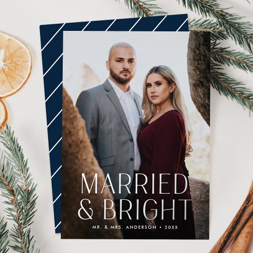 Minimalist Married and Bright Navy Photo Foil Holiday Card