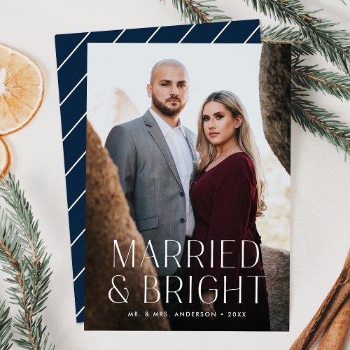 Minimalist Married and Bright Navy Photo Holiday Card