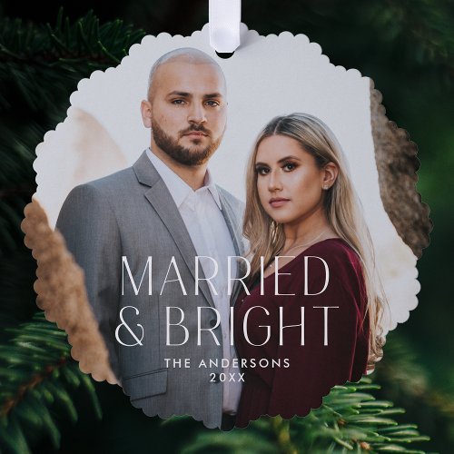 Minimalist Married and Bright Photo Holiday Ornament Card