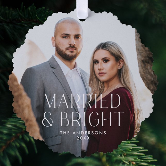 Minimalist Married and Bright Photo Holiday Ornament Card (Creator Uploaded)
