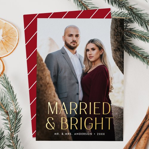 Minimalist Married and Bright Red Photo Foil Holiday Card