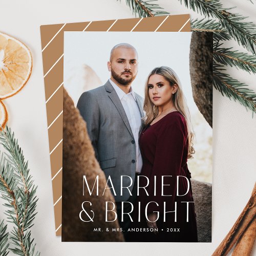 Minimalist Married and Bright Sand Beige Photo Holiday Card
