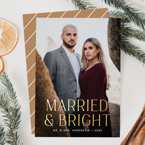 Minimalist Married and Bright Sand Photo Foil Holiday Card