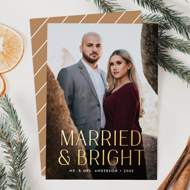 Minimalist Married and Bright Sand Photo Foil Holiday Card (Creator Uploaded)