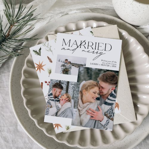 Minimalist Married and Merry Newlywed Photo Holiday Card