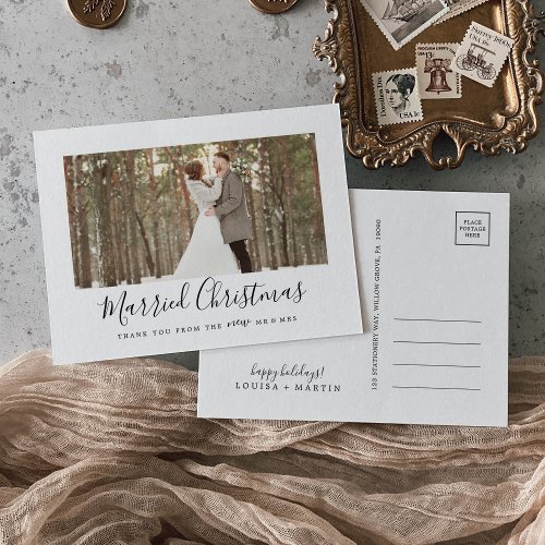 Minimalist Married Christmas Newlywed Thank You Holiday Postcard