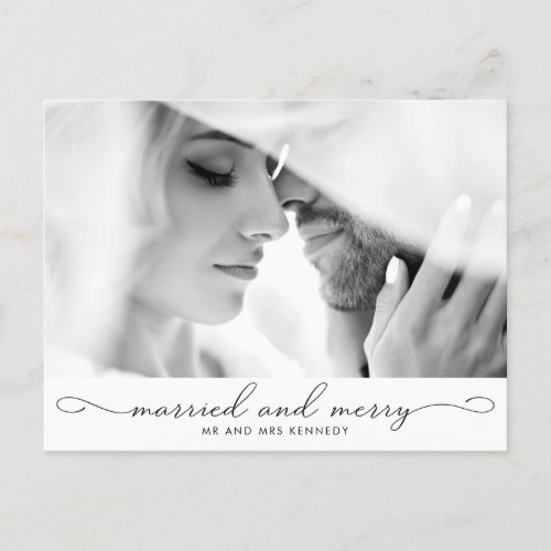 Minimalist Married Merry Newlywed Photo Holiday  Postcard