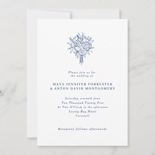 Minimalist Marseille Bleu Line Art Floral Wedding Invitation