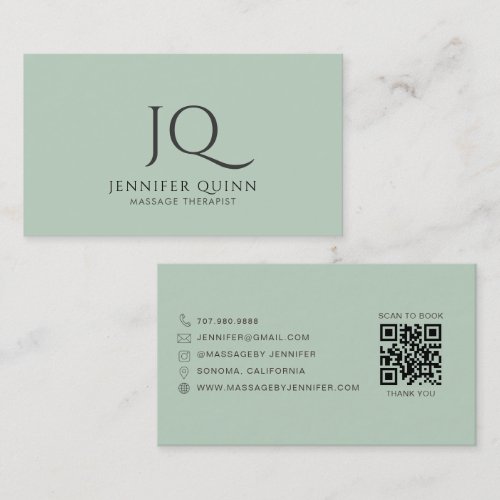 Minimalist Massage Therapist Green QR Code Business Card