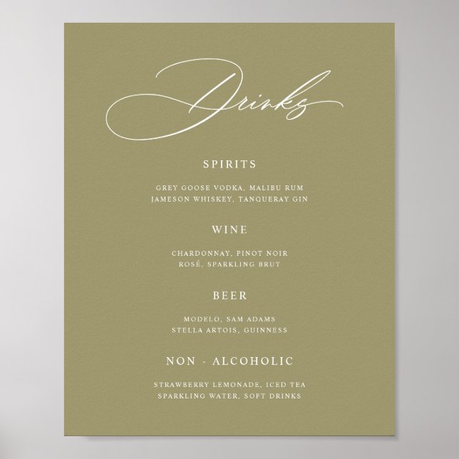 Minimalist Matcha Green Wedding Bar Menu Poster (Front)