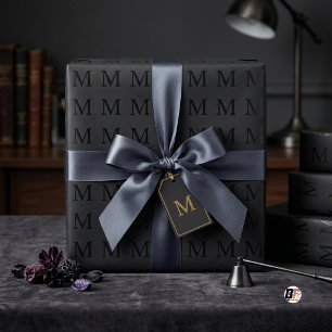 Minimalist Matte Black Serif Monogram Letter M Wrapping Paper