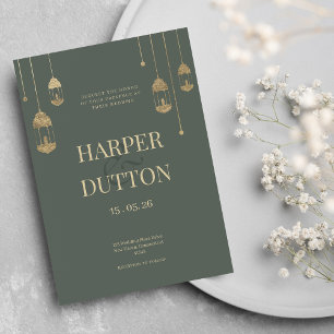 Minimalist mauve green gold lantern lights wedding invitation