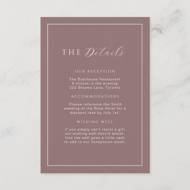 Minimalist Mauve Taupe Wedding Details Insert (Front)