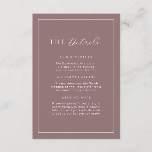 Minimalist Mauve Taupe Wedding Details Insert