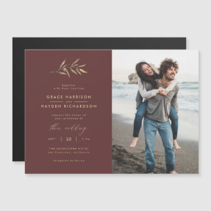 Minimalist Merlot Red & Sepia Branch Wedding Photo Magnetic Invitation
