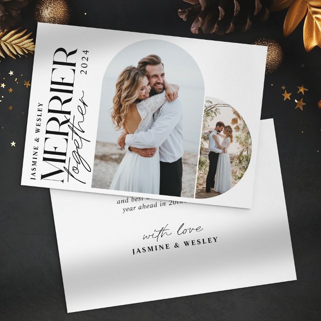 Minimalist Merrier Together Wedding Christmas Holiday Card (Creator Uploaded)