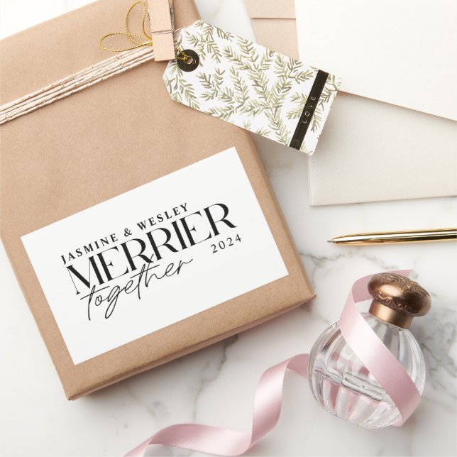Minimalist Merrier Together Wedding Christmas Rectangular Sticker (Gifting)