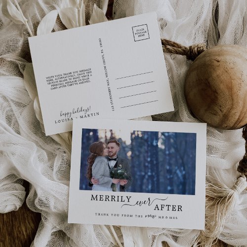 Minimalist Merrily Ever After Newlywed Thank You Holiday Postcard