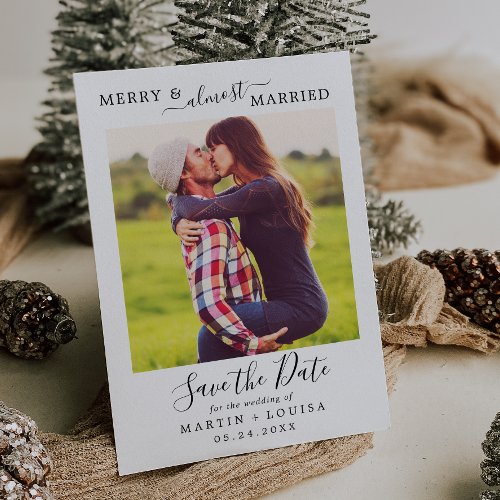 Minimalist Merry  Almost Married Save the Date Holiday Card