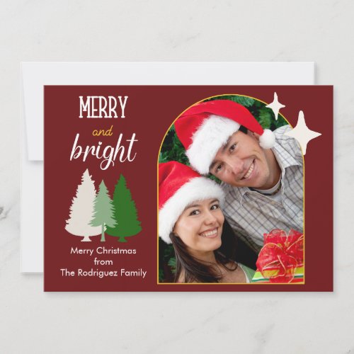 Minimalist Merry and Bright Maroon Boho Christmas Holiday Card