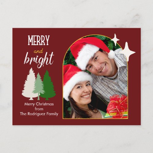 Minimalist Merry and Bright Maroon Boho Christmas Holiday Postcard