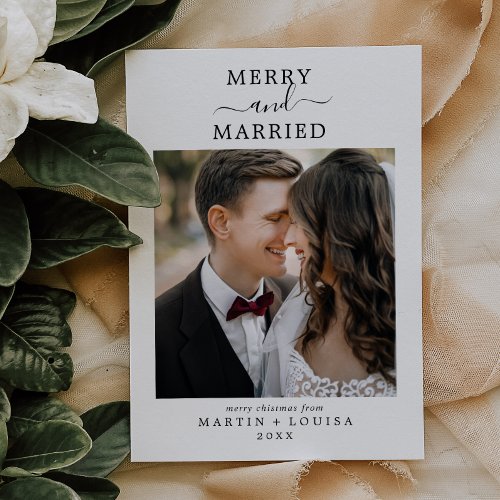 Minimalist Merry and Married Newlywed Photo Holiday Card