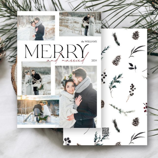 Minimalist Merry and Married Newlyweds 5 Photo Holiday Card (Merry & married! Celebrate your first holiday as newlyweds with this elegant photo card.)
