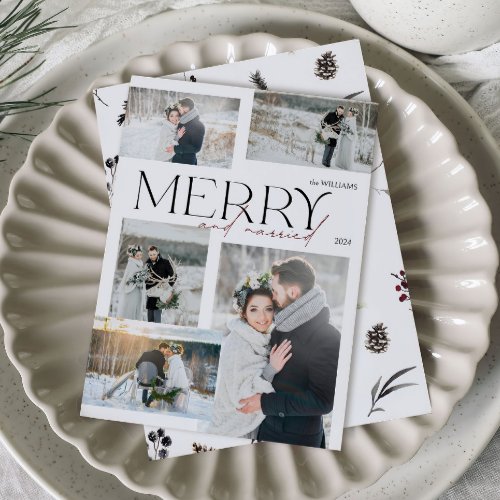 Minimalist Merry and Married Newlyweds 5 Photo Holiday Card