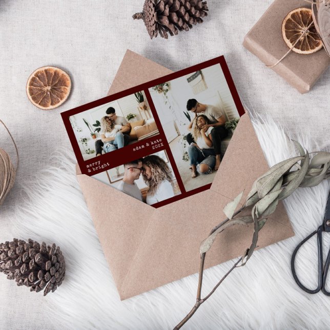 Minimalist Merry & Bright Holiday 3 Photo Card (Creator Uploaded)