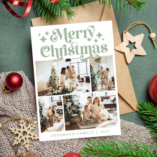 Minimalist Merry Christmas 4 Photo Retro Green Holiday Card