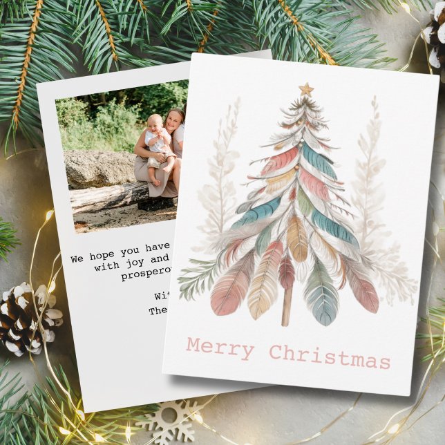 Minimalist Merry Christmas Boho Tree|One Photo Note Card (Celebrate the holiday season with our bohemian-style Christmas greeting card. Order yours today!)