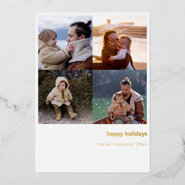 Minimalist Merry Christmas Bold 4 Photo Grid Gold Foil Holiday Card (Front)