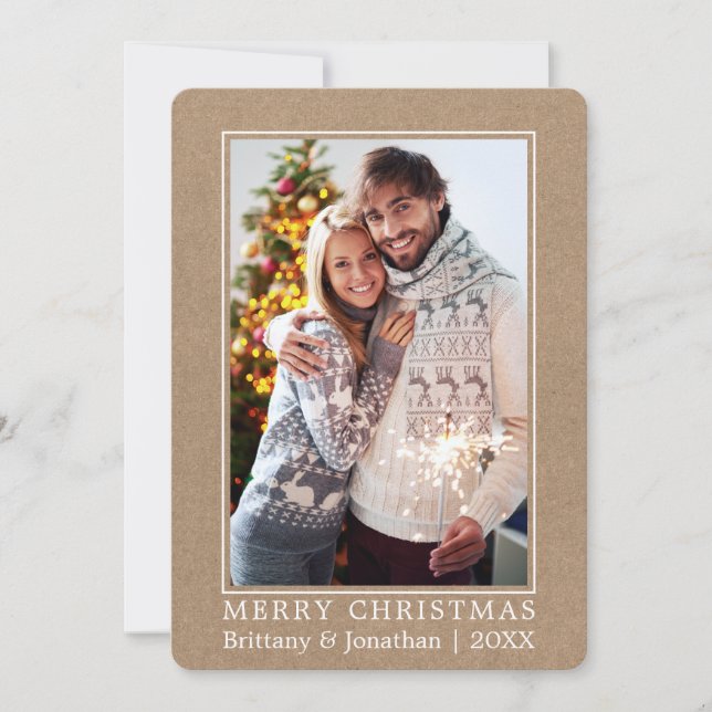 Minimalist Merry Christmas Couple Photo Kraft Holiday Card (Front)